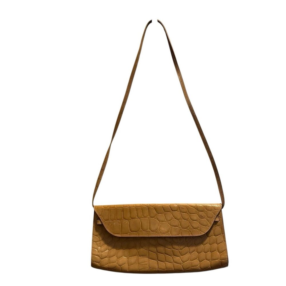 FURLA Genuine Leather Croc Satchel Handbag Crossbody Purse Bag Tan